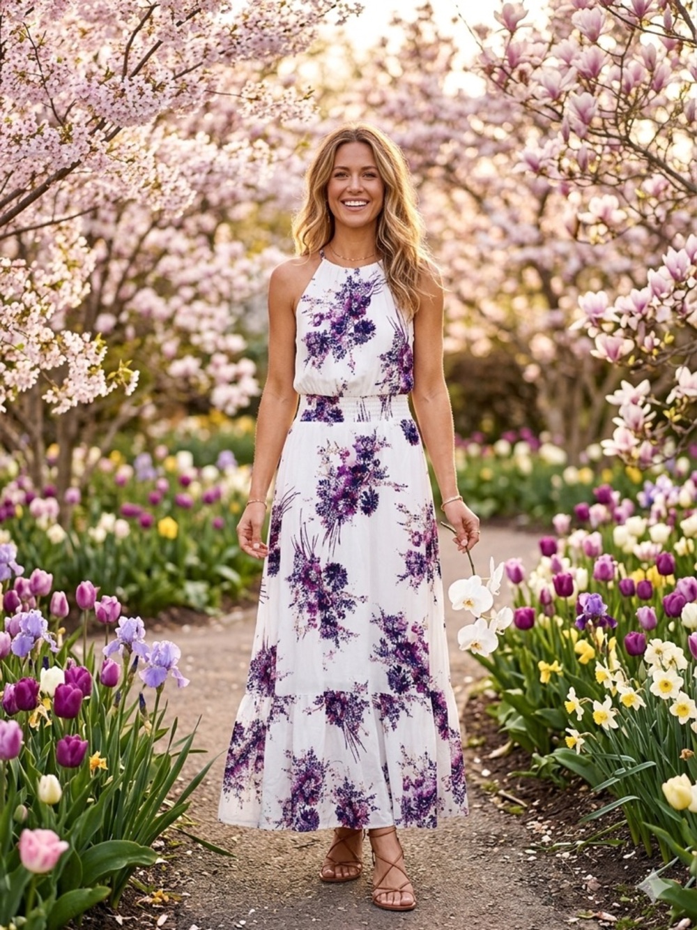 Women's White Floral Maxi Dress - Purple Print
